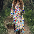 Boho Floral Embroidered Art Linen Blend Maxi Dress