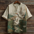 Men's Vintage Cranes And Bamboo Japanese Art Embroidery Casual Shirt