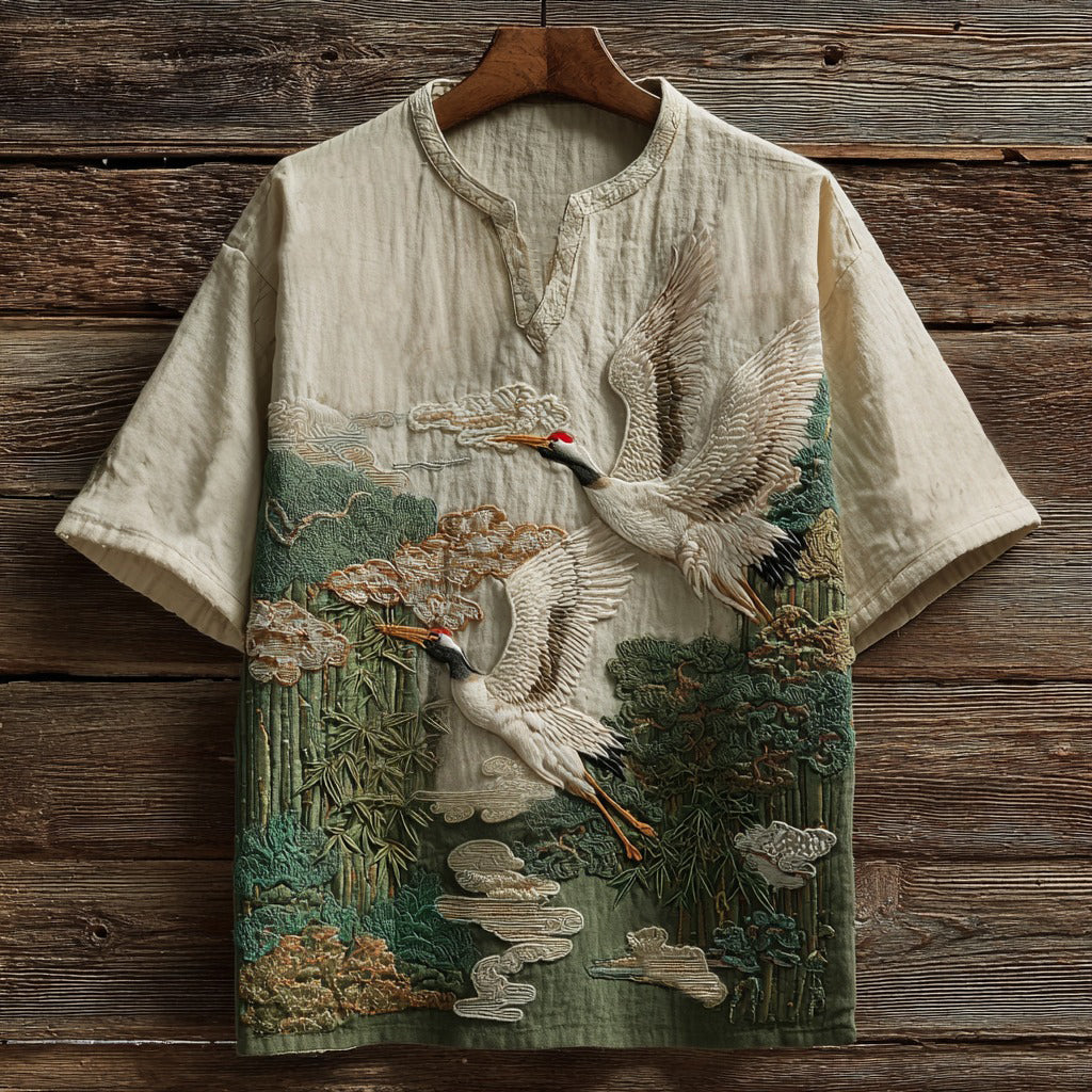 Men's Vintage Cranes And Bamboo Japanese Art Embroidery Casual Shirt
