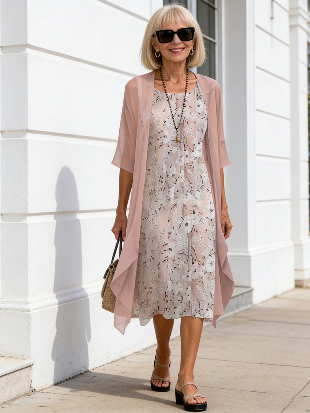 2Pcs Casual Printed Chiffon Dress Two-piece Set