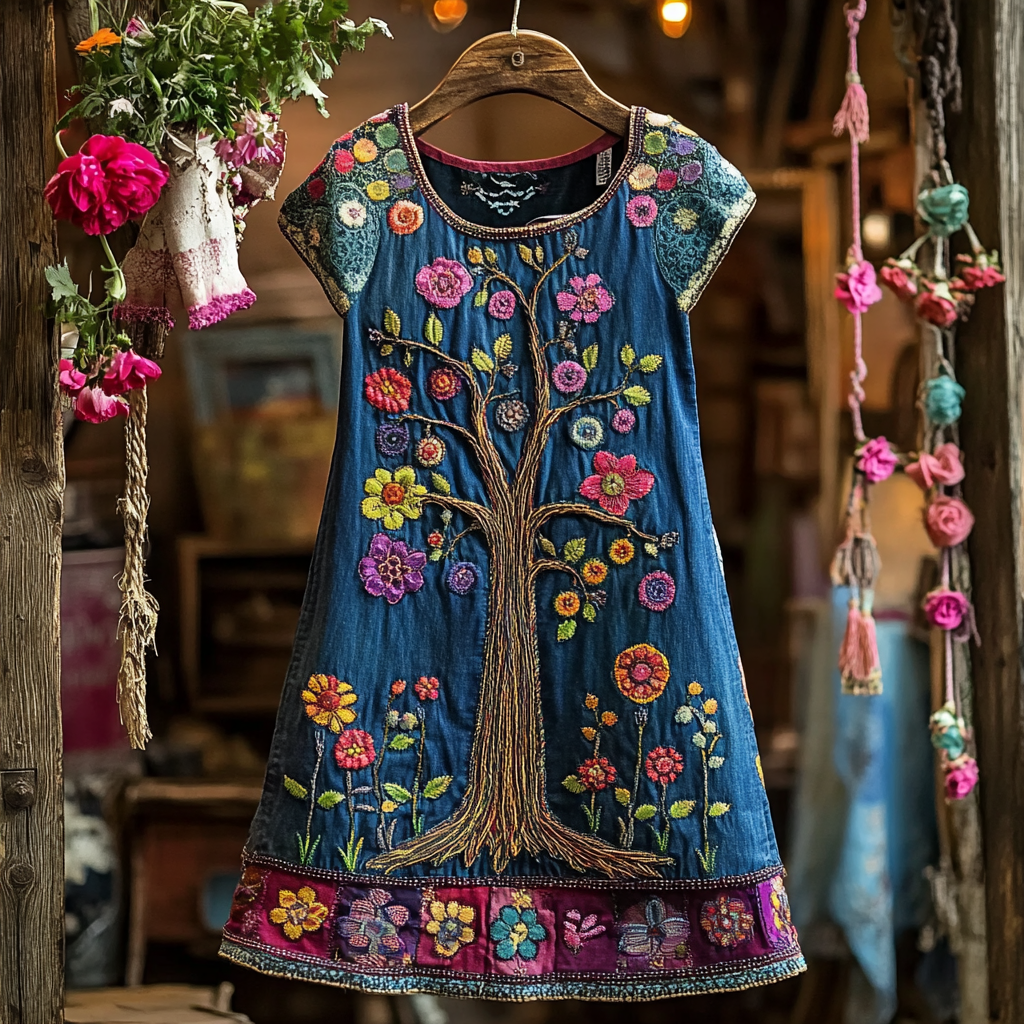 Vintage Colorful Trees Embroidery Denim Art Sleeveless Dress