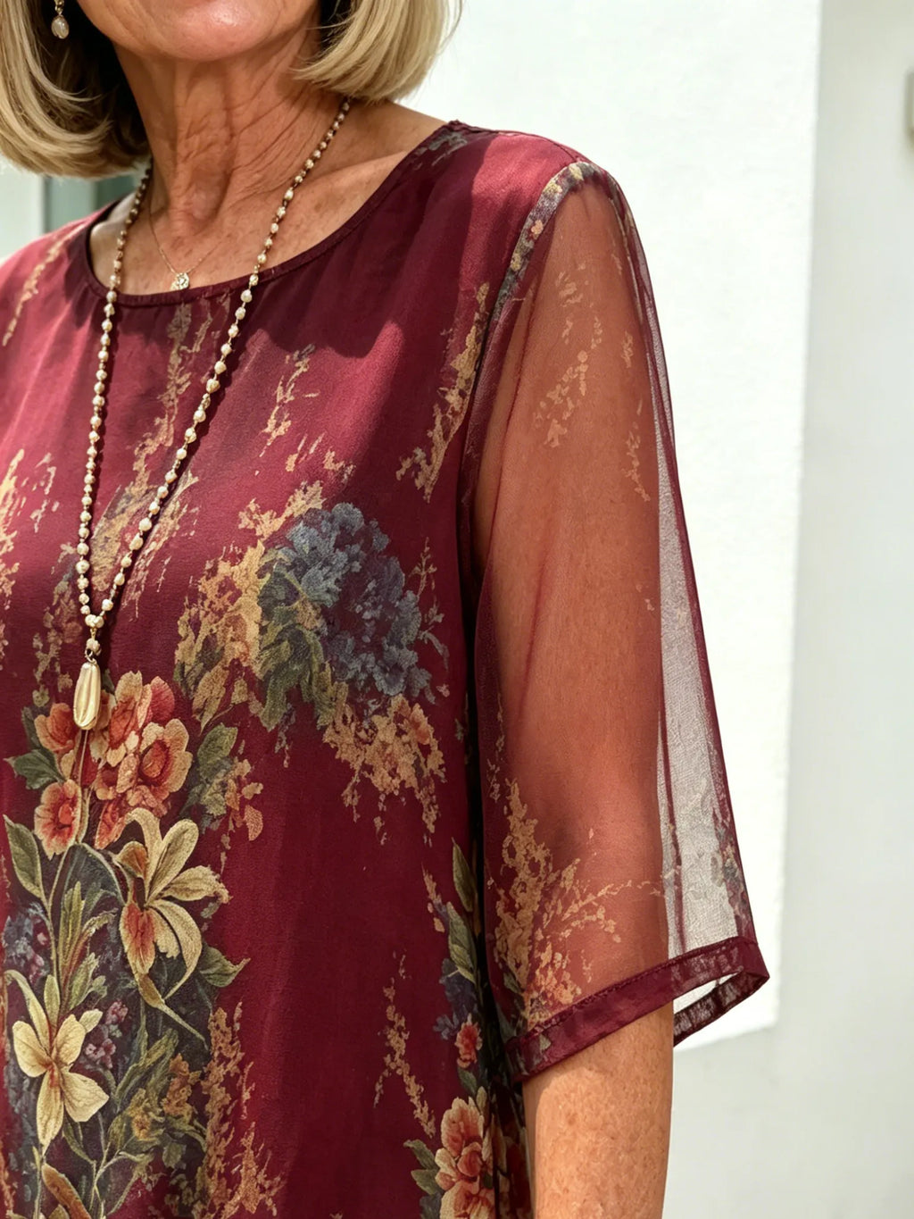 Black Floral Chiffon Midi Dress, Loose Tummy Hiding 3/4 Sleeve Printed Dress for Mature Women