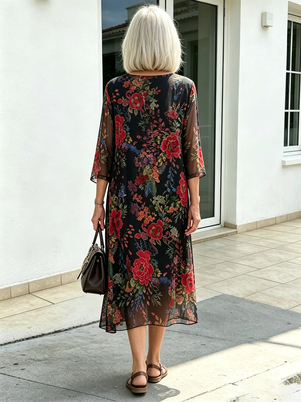 Black Floral Chiffon Midi Dress, Loose Tummy Hiding 3/4 Sleeve Printed Dress for Mature Women