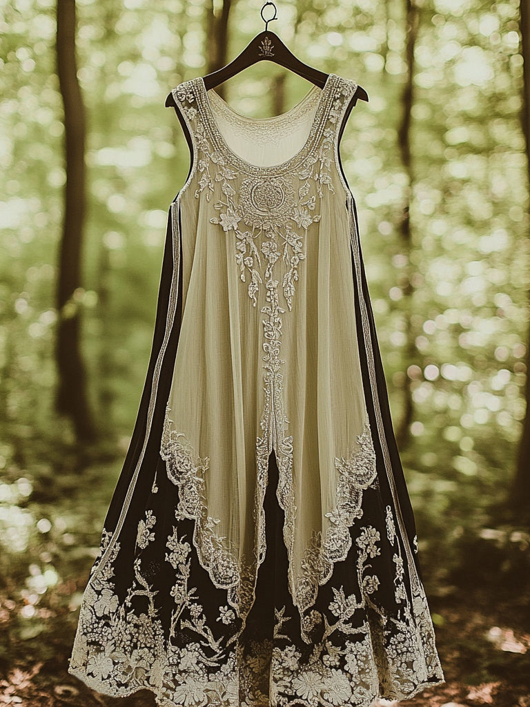 Floral Embroidered Pattern Linen Contrast Color Vest Dress