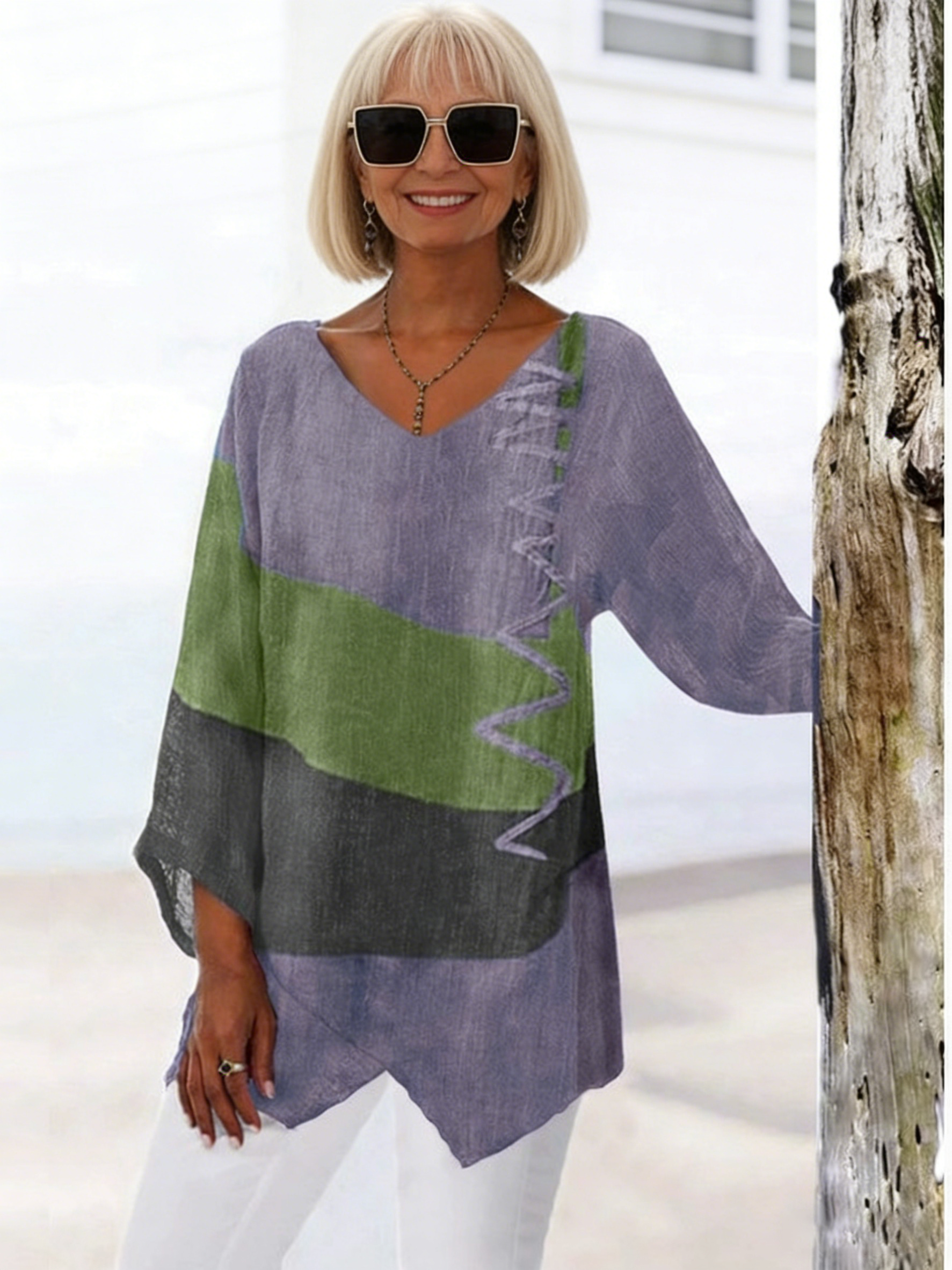 Casual Loose V-neck Irregular Hem Art Print Long Sleeve Tops