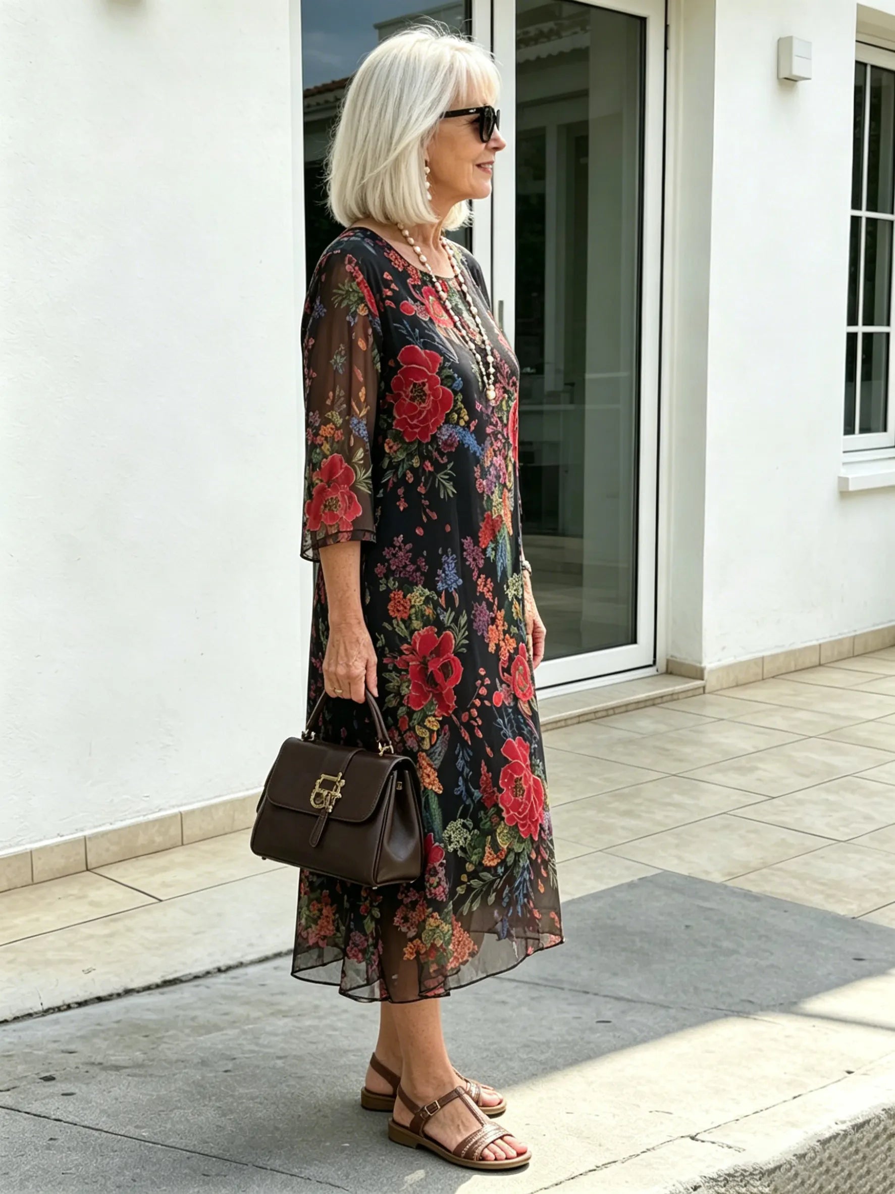 Black Floral Chiffon Midi Dress, Loose Tummy Hiding 3/4 Sleeve Printed Dress for Mature Women