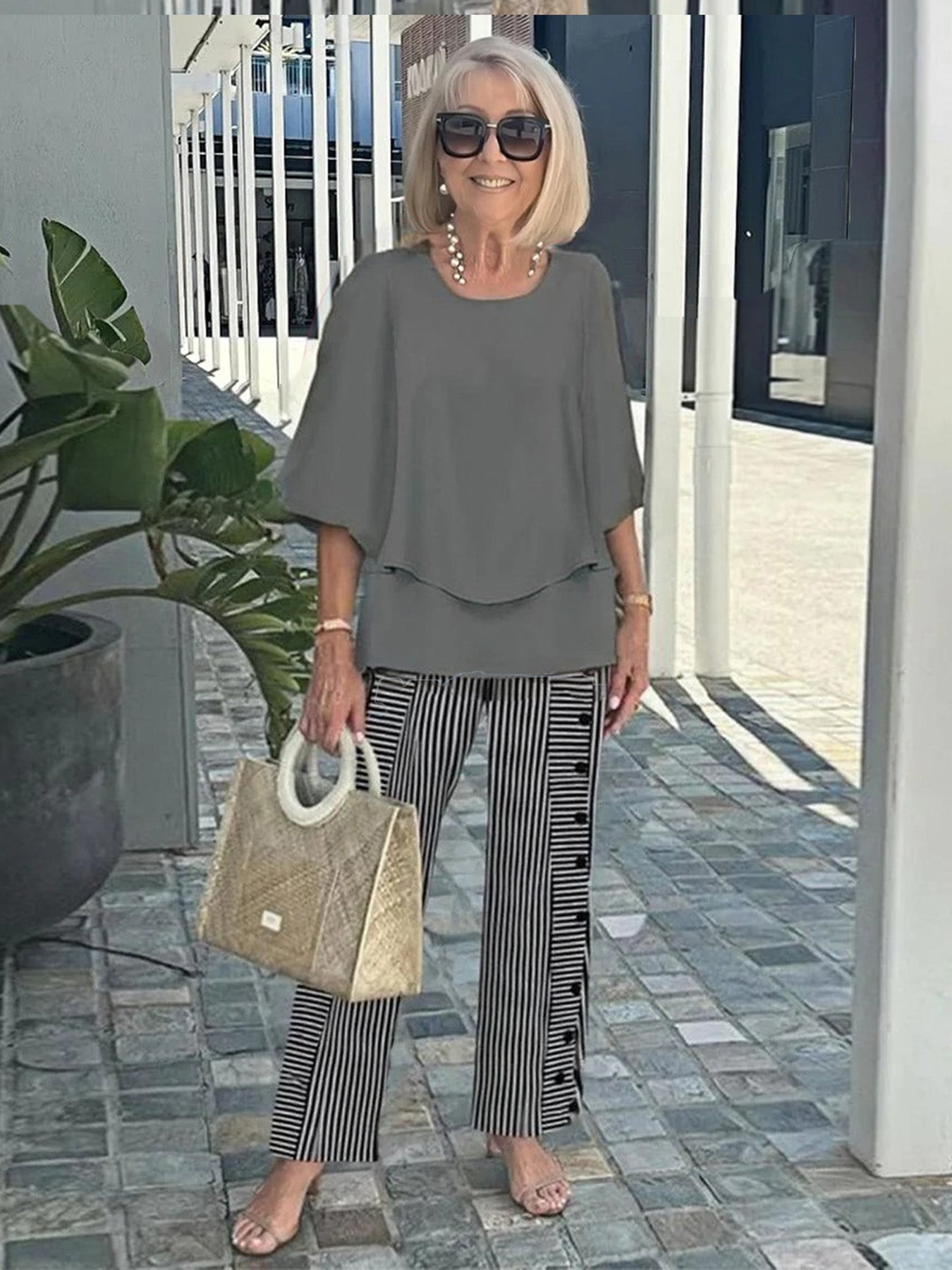 Casual Crew Neck Medium Sleeve Top Printed Floral Pants Set Two-piece Set