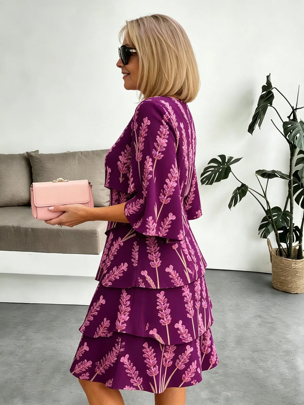 Lavender Chiffon Vacation Prints Color Round Neck Cake Skirt Splicing Dress Mid-length