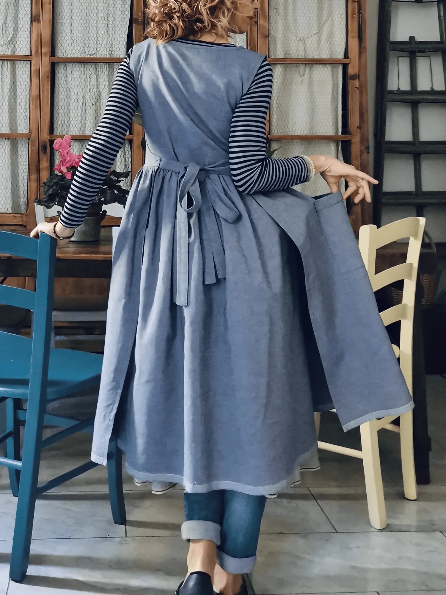 Blue Linen and Cotton Kitchen Apron