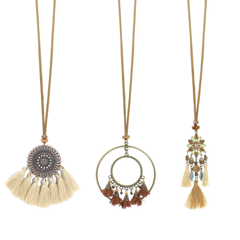 3pcs Boho Ethnic Long Sundry Colors Tassel Pendant Necklaces For Women Retro Rhinestone Drip Oil Alloy Necklace