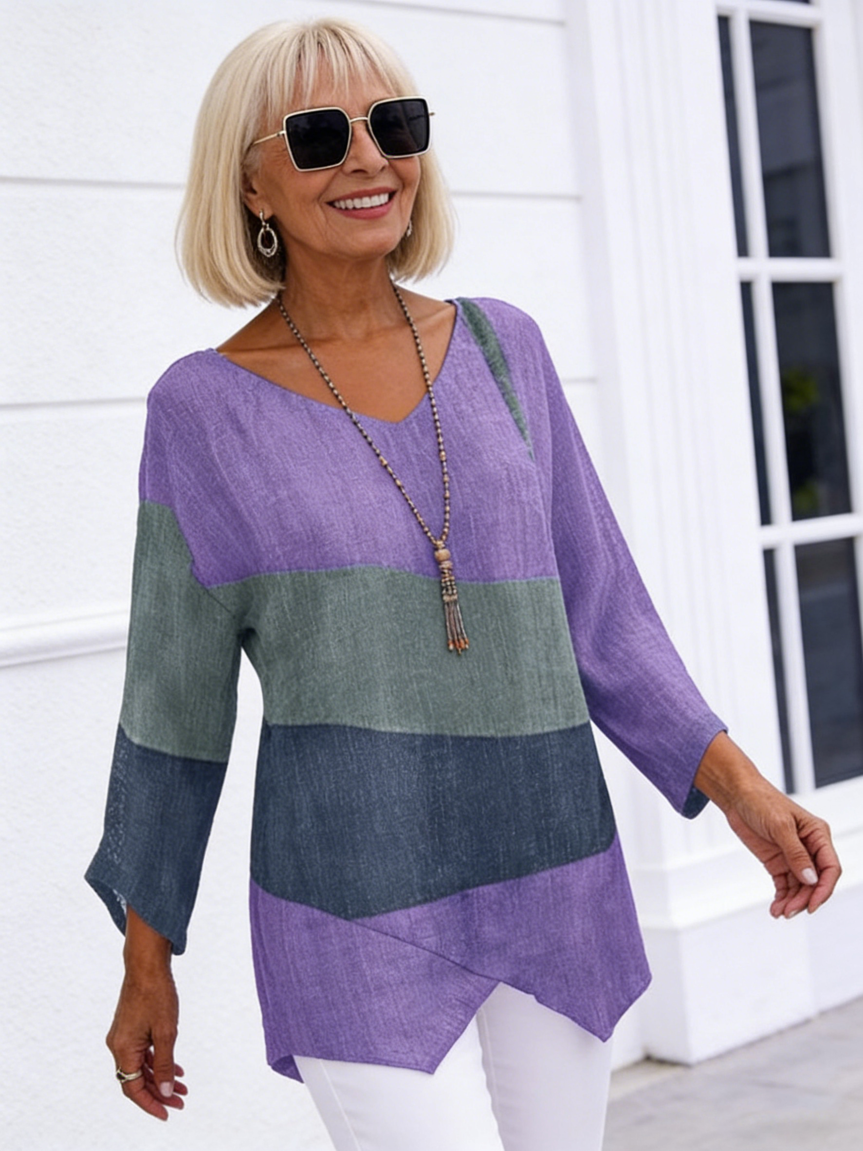 Casual Loose V-neck Irregular Hem Art Print Long Sleeve Tops