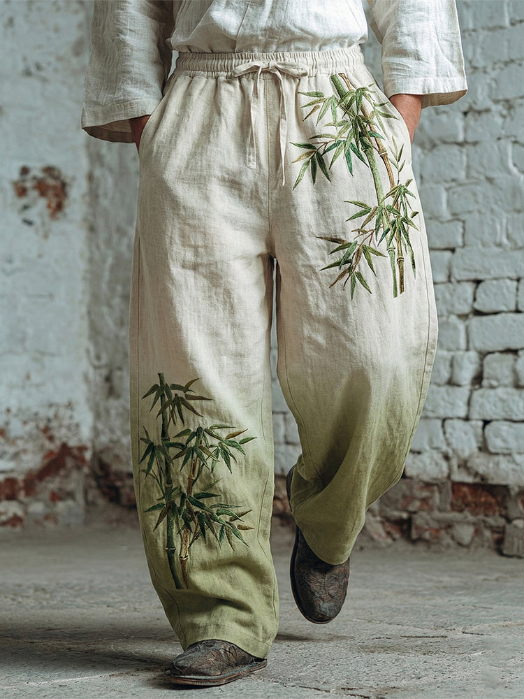 Men's Japanese Bamboo Art Pattern Linen Blend Casual Pants