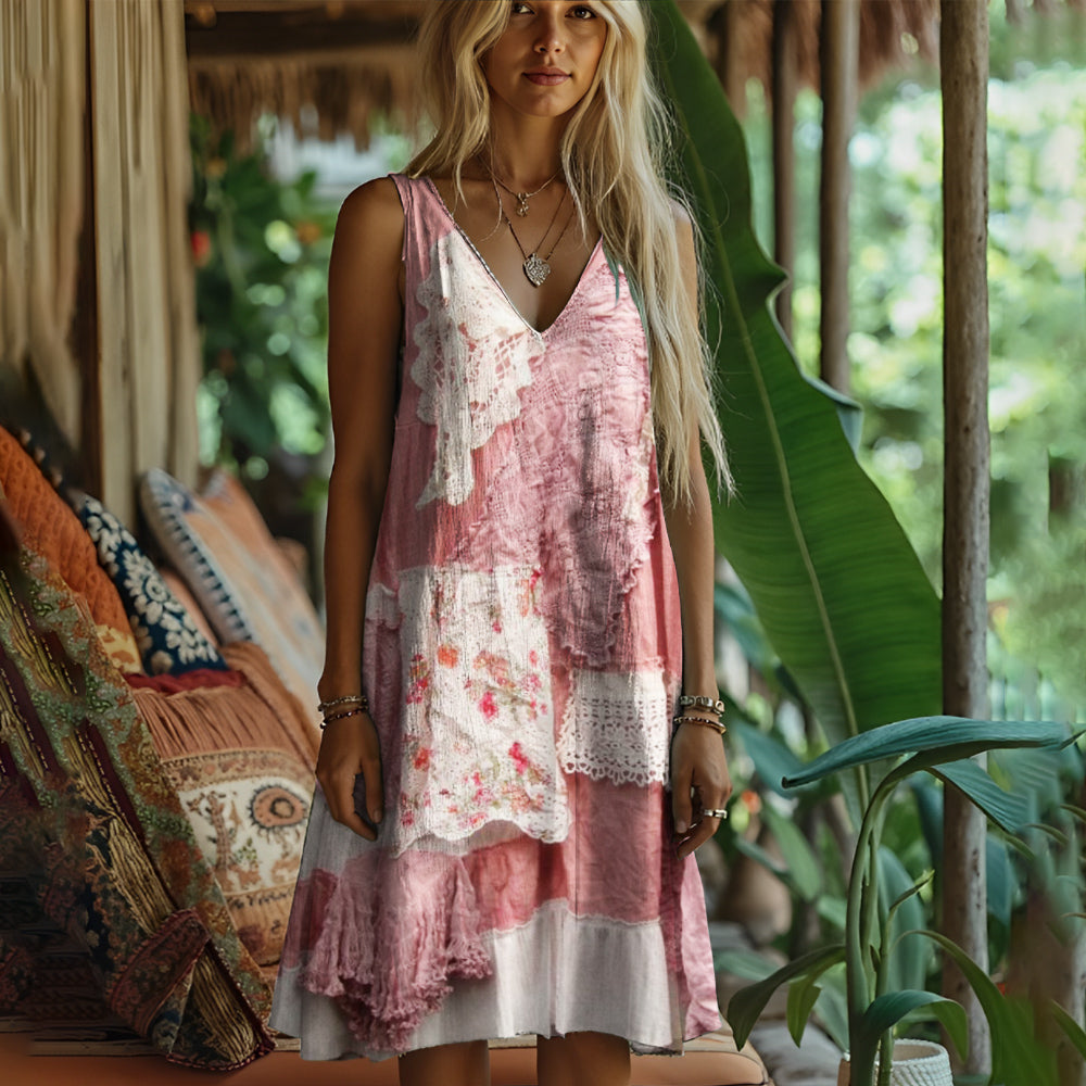 Boho Lace Floral Patchwork Women's Linen Vest Dress