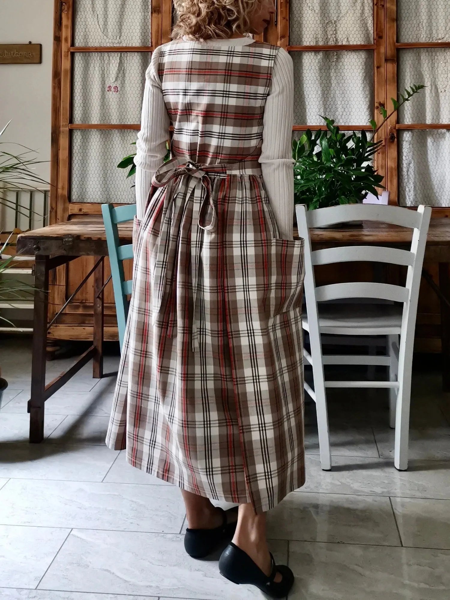 Brown Tartan Cotton Apron
