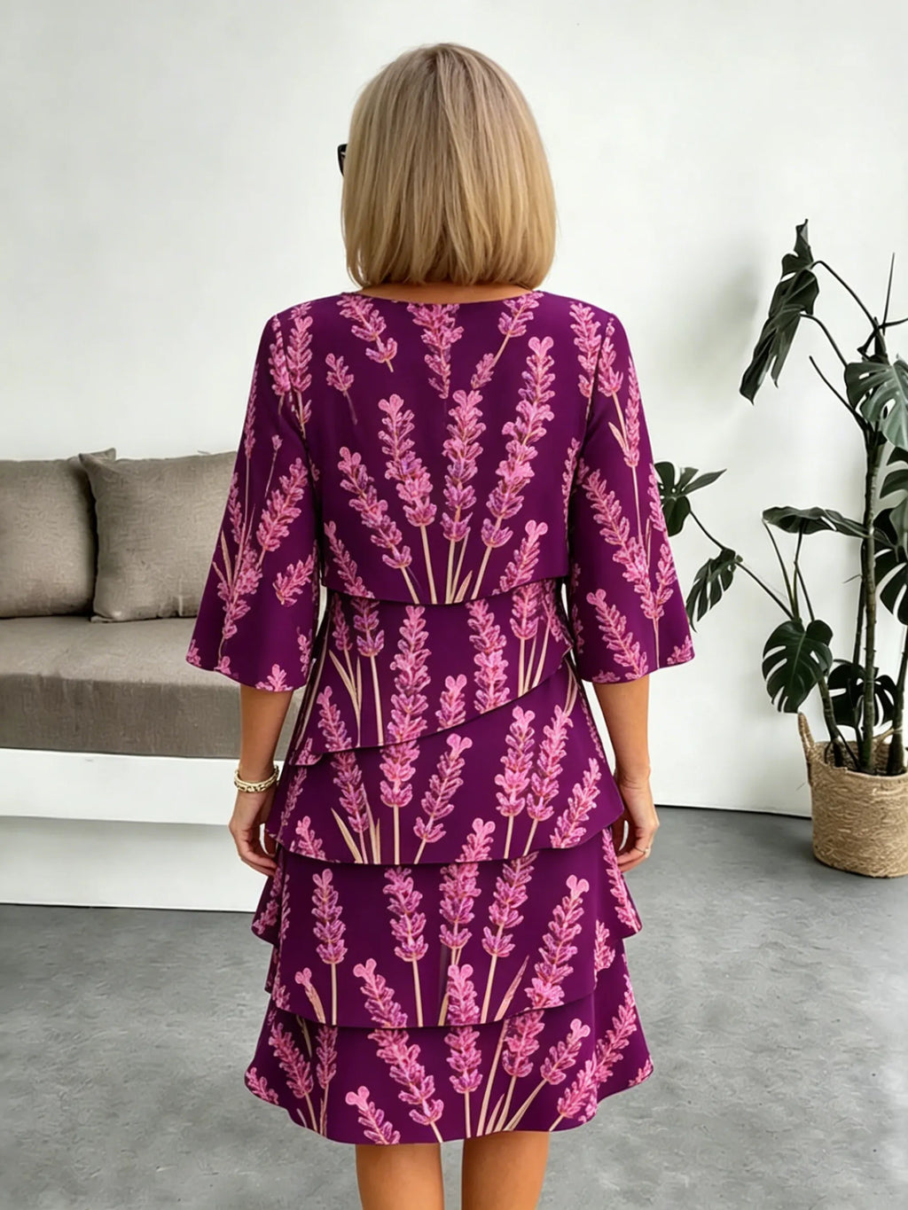Lavender Chiffon Vacation Prints Color Round Neck Cake Skirt Splicing Dress Mid-length