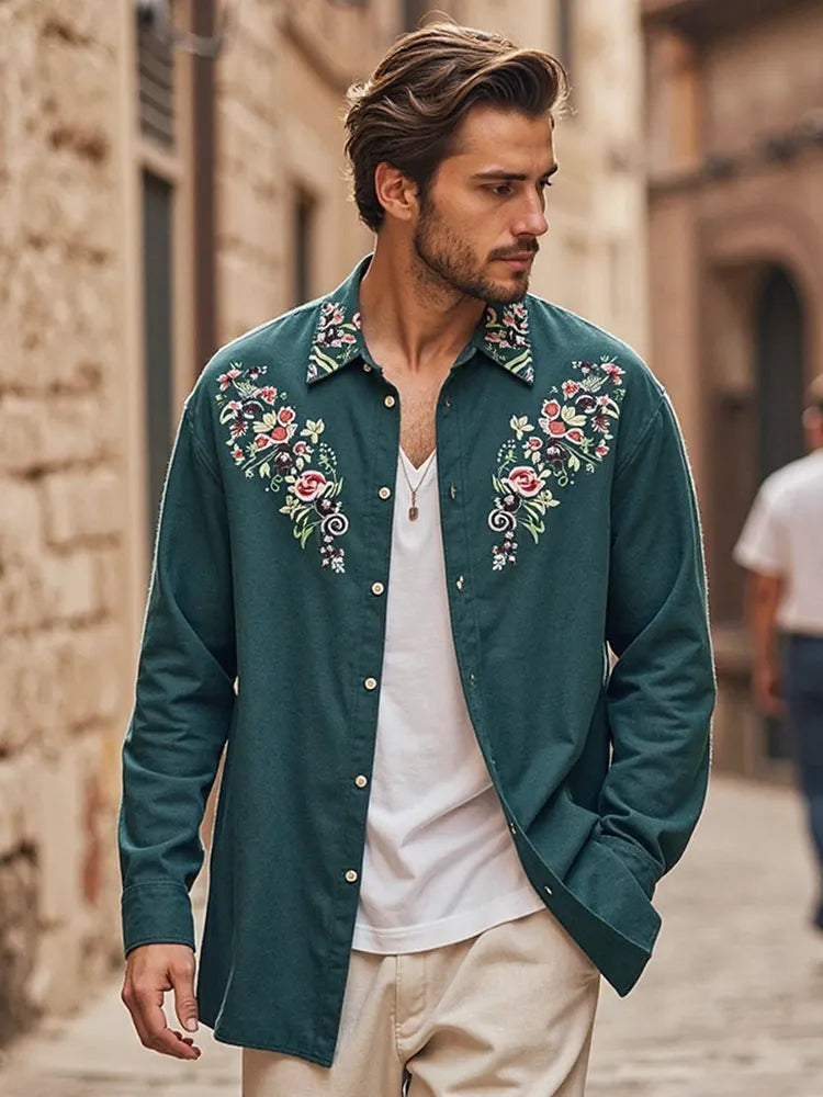 Men's Bohemian Embroidered Linen Long Sleeve Shirt