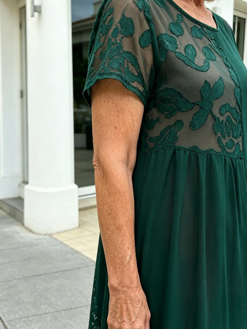 Black Floral Lace Patchwork Chiffon Midi Dress, Crew Neck Short Sleeve Loose Plus Size High-End Mother Dress