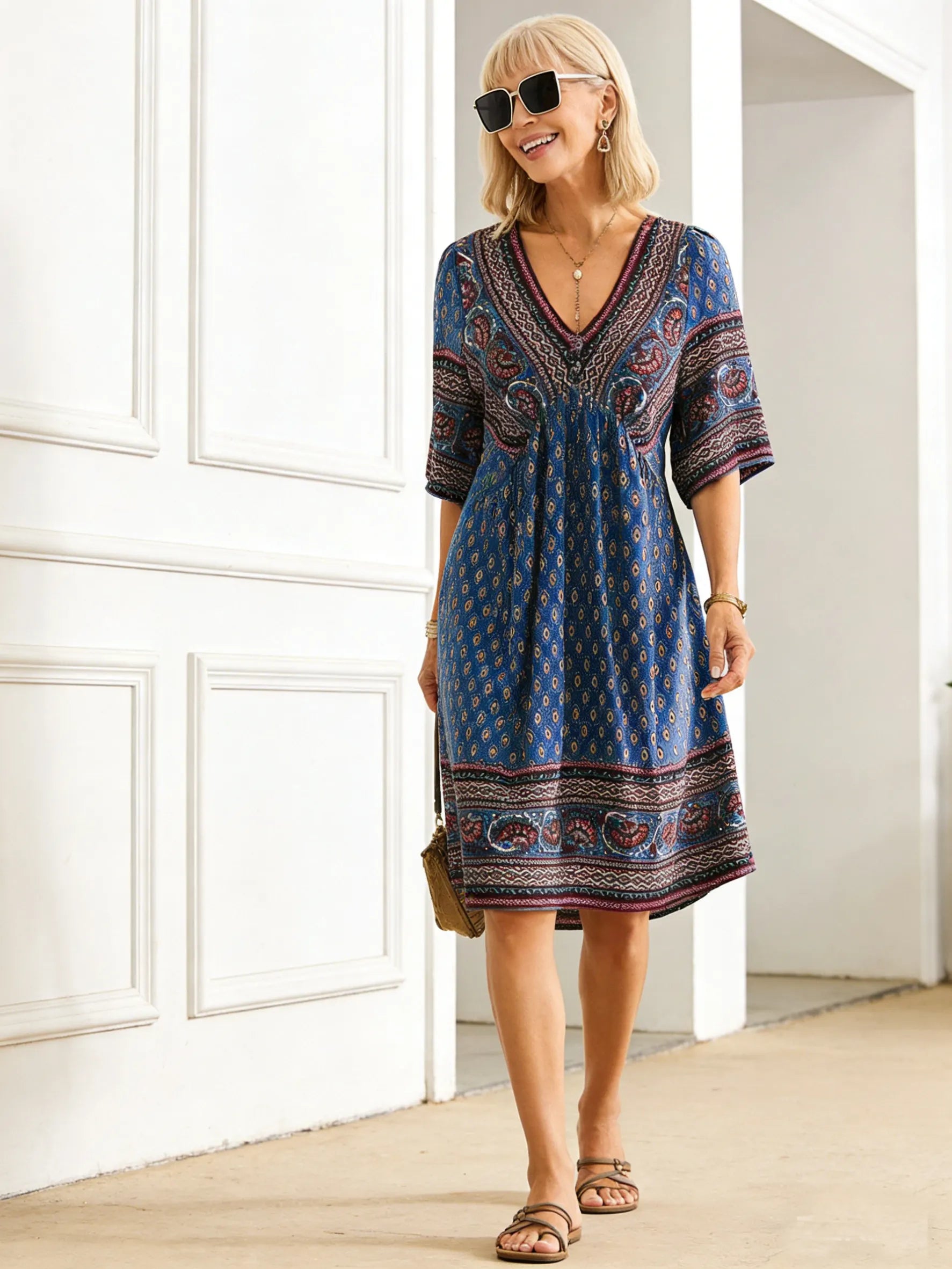 Vacation Deep V Print Casual Ethnic Style Dress