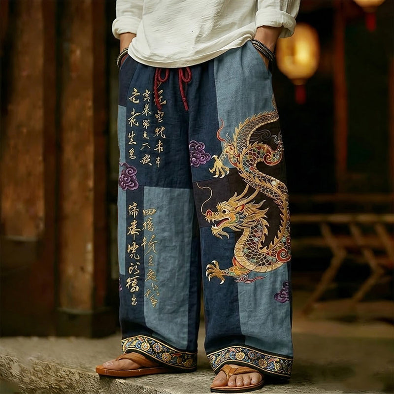 Men's Vintage Japanese Calligraphy Dragon Art Pattern Linen Blend Pants