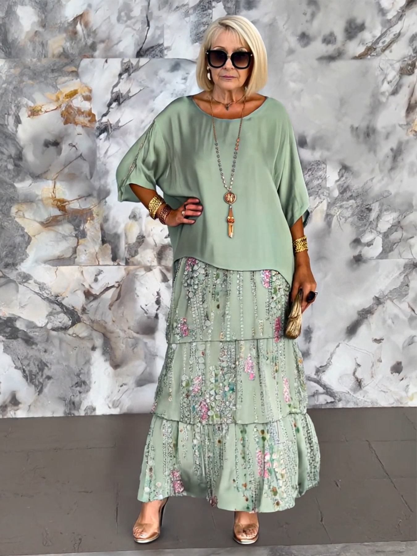 Solid Color Women's Gradient Clover Art Print Elegant Chiffon Cake Skirt