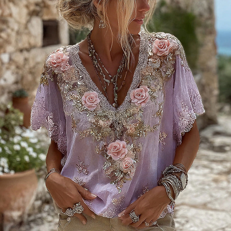 Women's Pink Roses Embroidered Art V-neck Short Sleeve Linen Blend T-shirt
