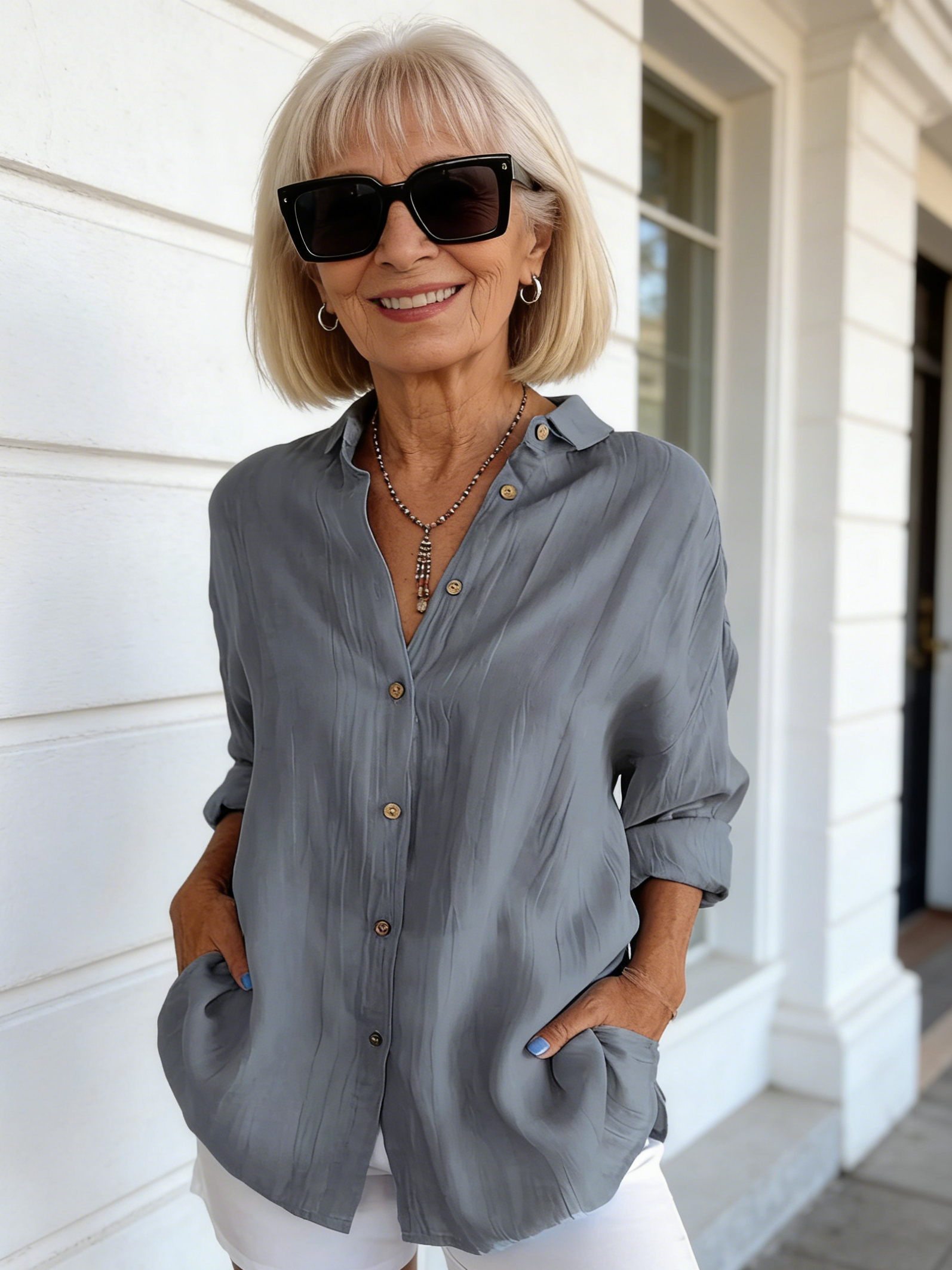 Women's Single-Breasted Pleated Lapel Shirt Solid Color Rollable Sleeves Top