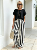 2Pcs Striped Cotton and Linen Two-piece Set