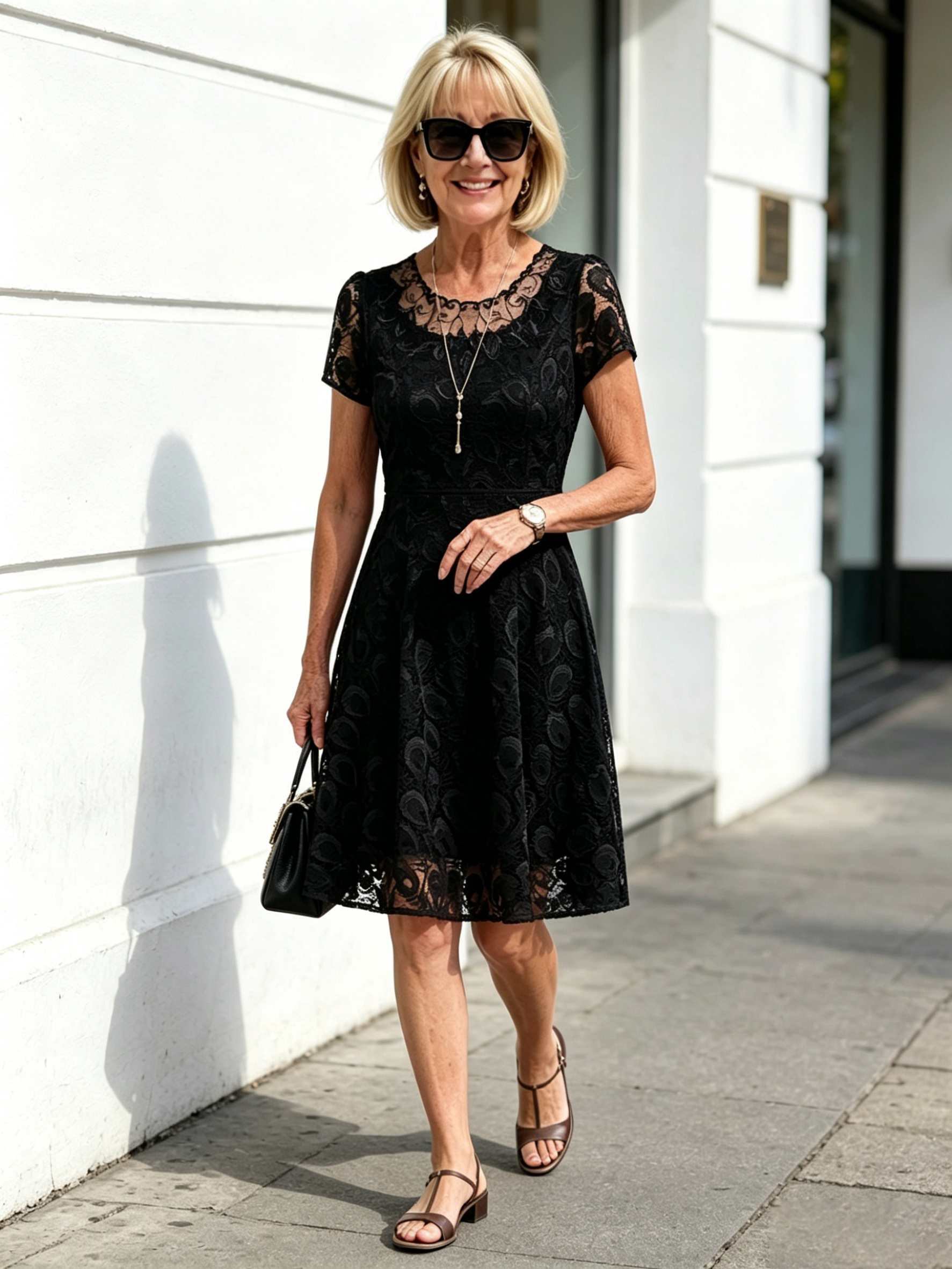 Lace short-sleeve black dress, slimming plus-size women's mid-length skirt that covers the tummy, A-line skirt