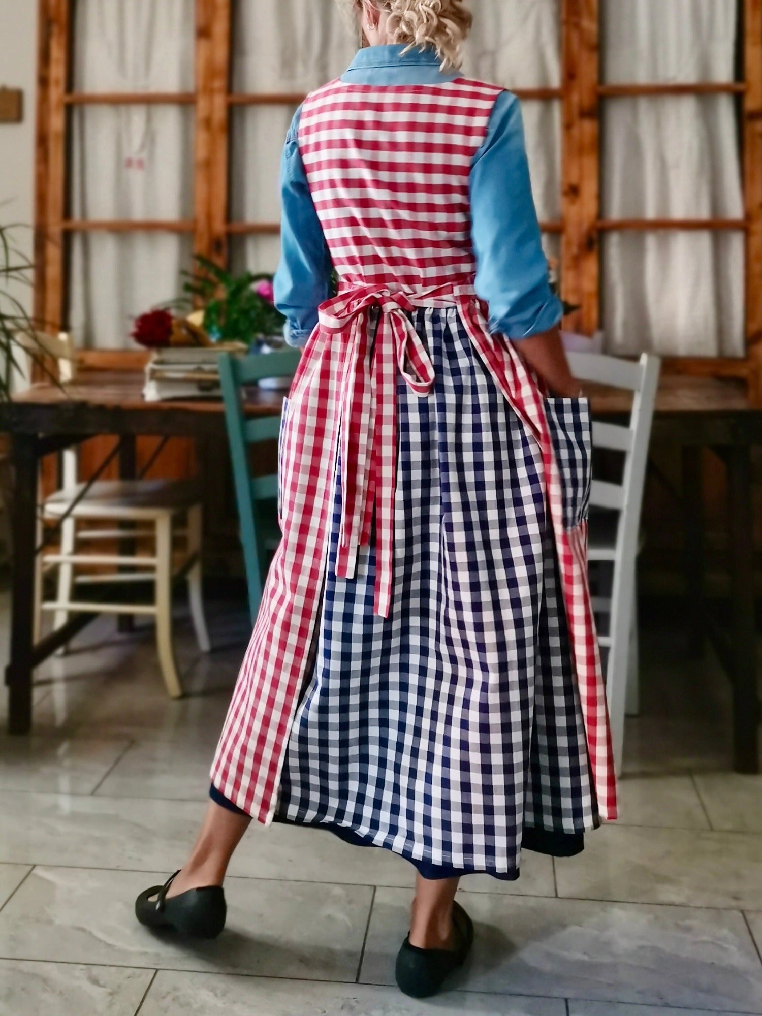 Patchwork Apron with Blue and Red Checks