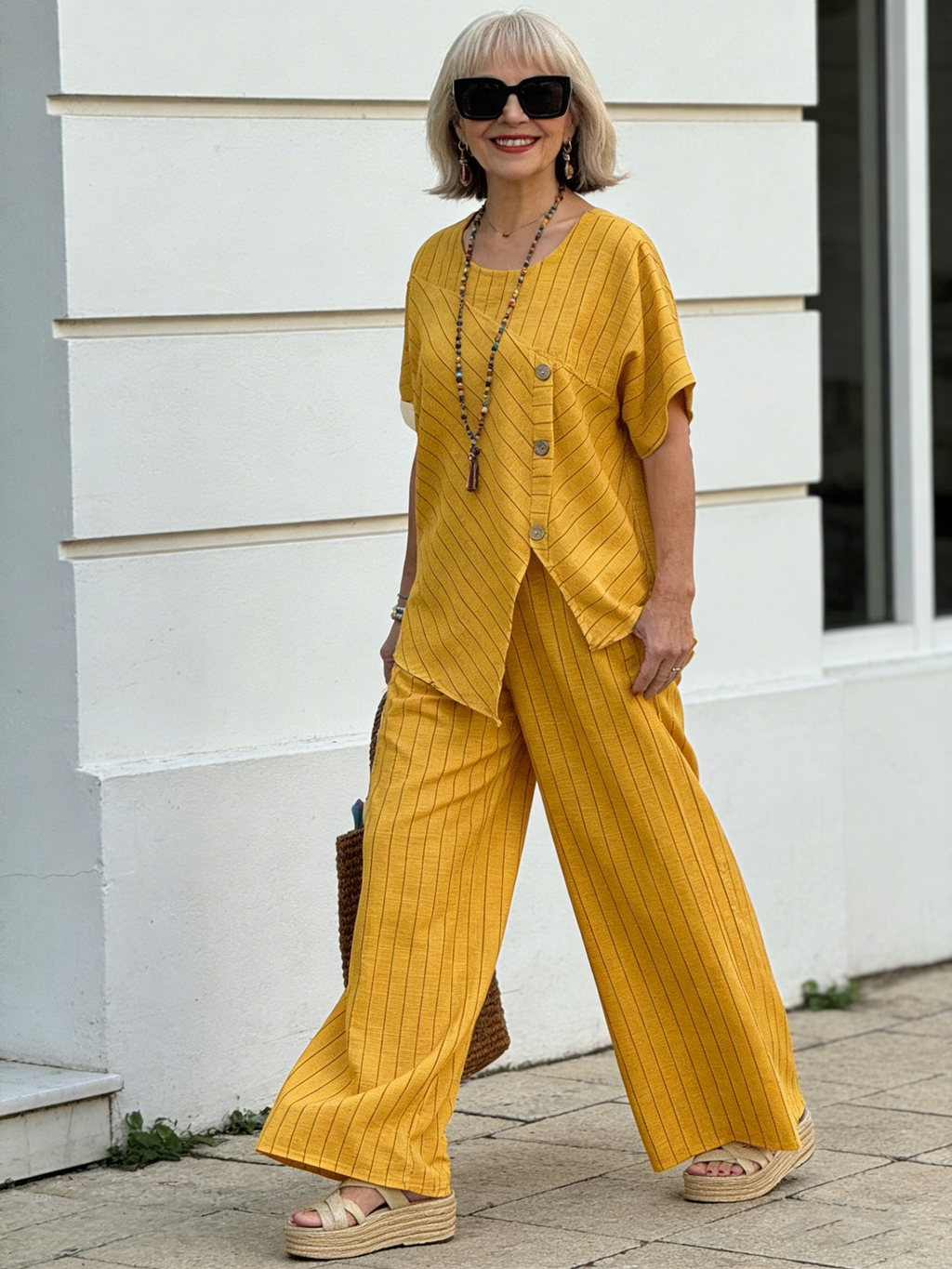 2Pcs Striped Short-sleeved Trousers Shirt Loose Pants Two-piece Set
