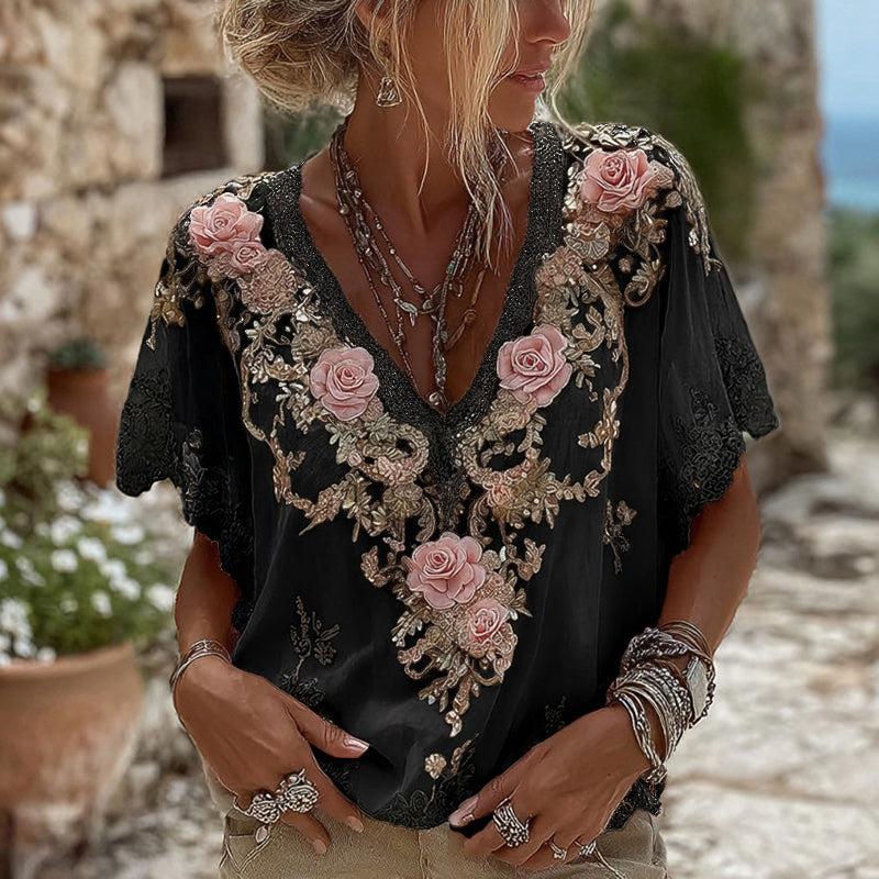 Women's Pink Roses Embroidered Art V-neck Short Sleeve Linen Blend T-shirt