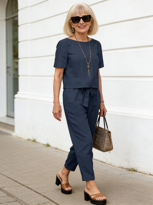 2Pcs Summer Fashion Solid Color Short-Sleeved Trousers Two-Piece Suit (Including Belt)