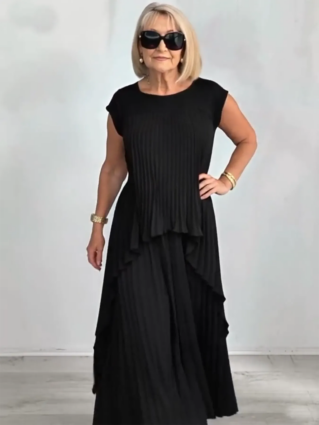 2Pcs Crew Neck Solid Color Sleeve Top Pleated Straight Pants Set Two-piece Set
