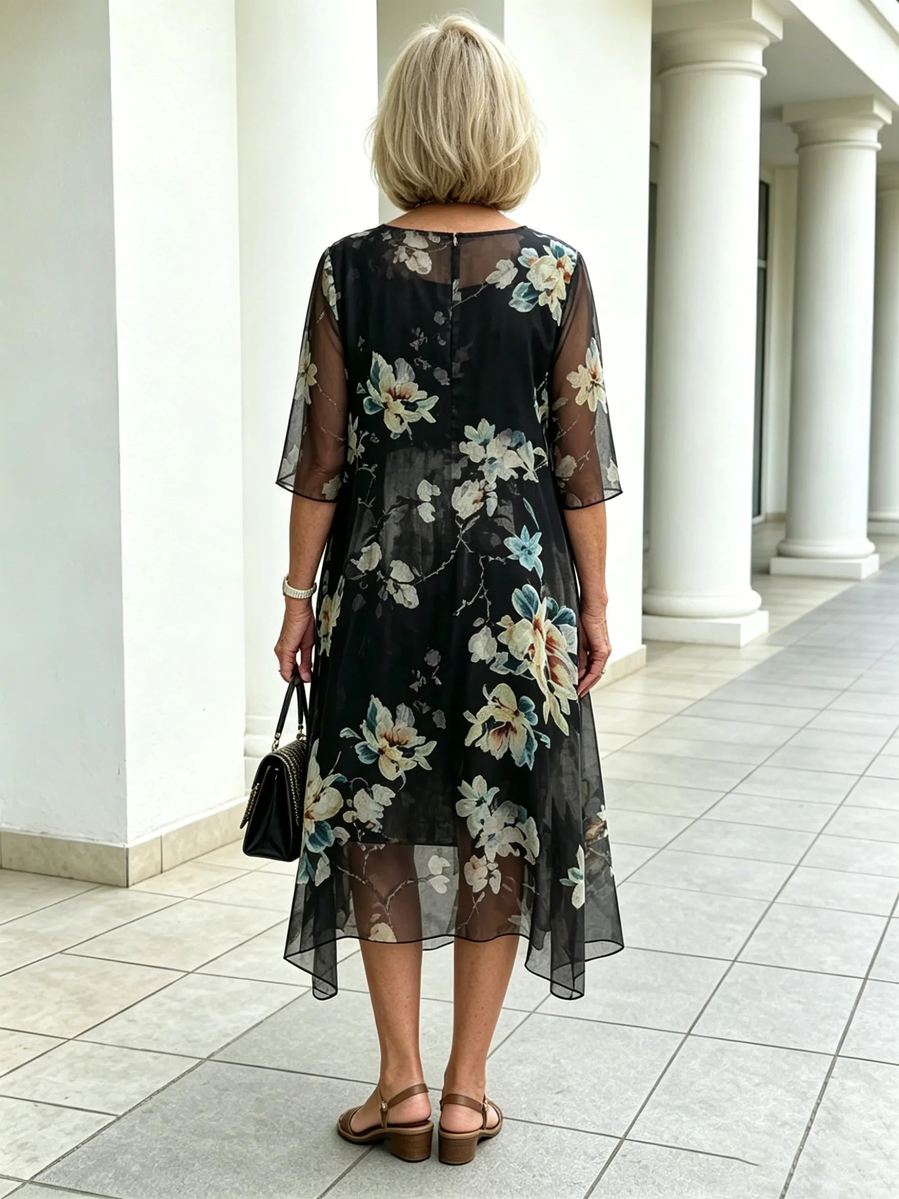 Black Floral Chiffon Midi Dress, Loose Tummy Hiding 3/4 Sleeve Printed Dress for Mature Women