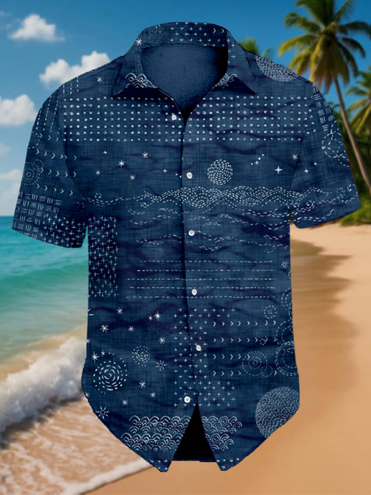 Men's Japanese Traditional Sashiko Art Beach Linen Shirt