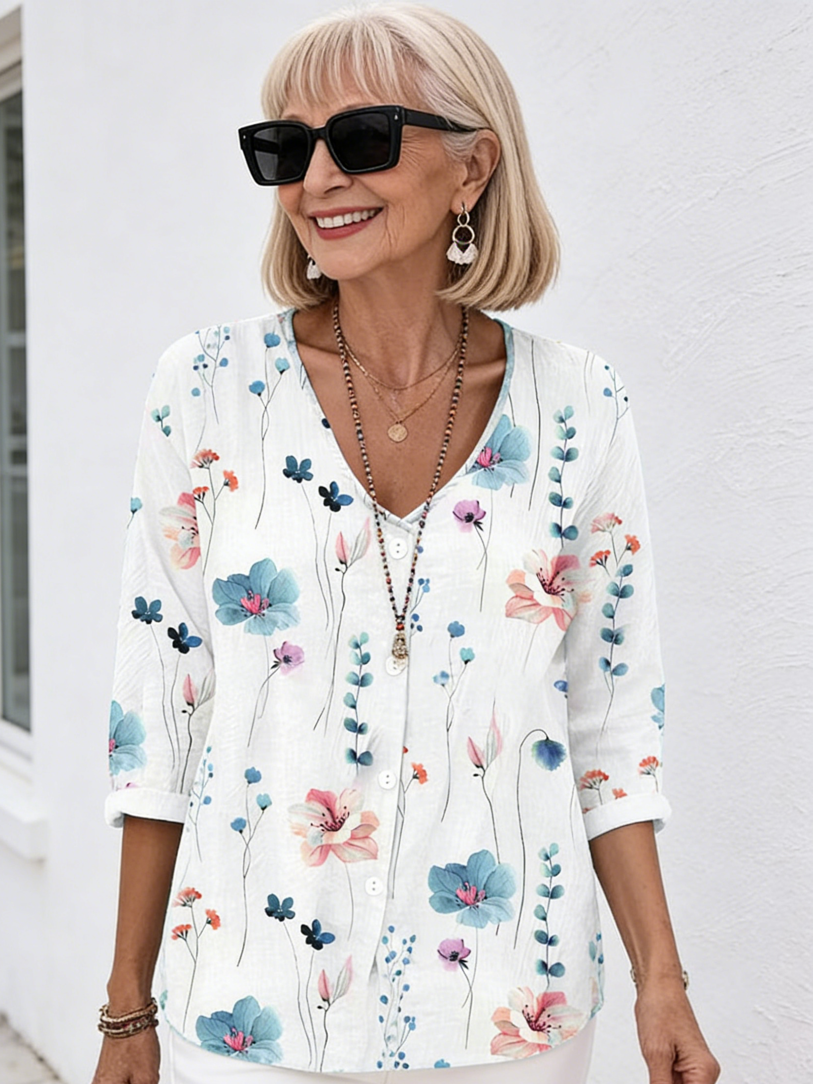 V-neck Buttons Printed Long Sleeve Tunic Tops