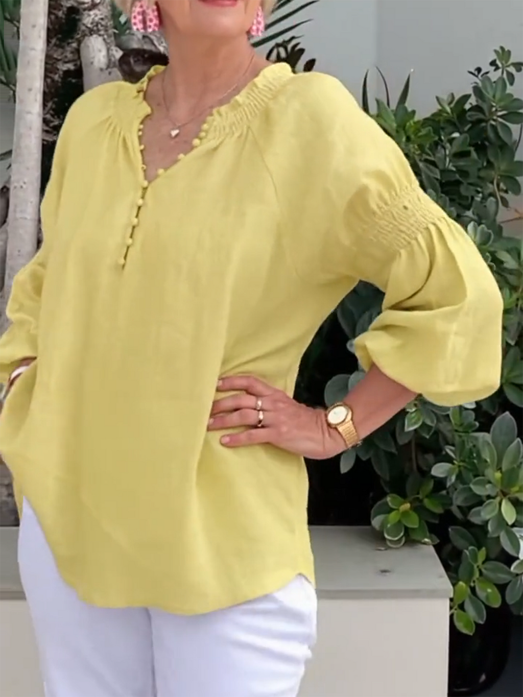 Casual V-neck Solid Color Cotton and Linen Long-sleeved Top