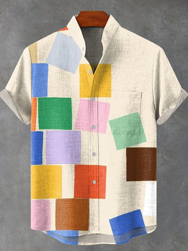 Vintage Geometric Color Blocking Pattern Art Vintage Print Casual Cotton Shirt