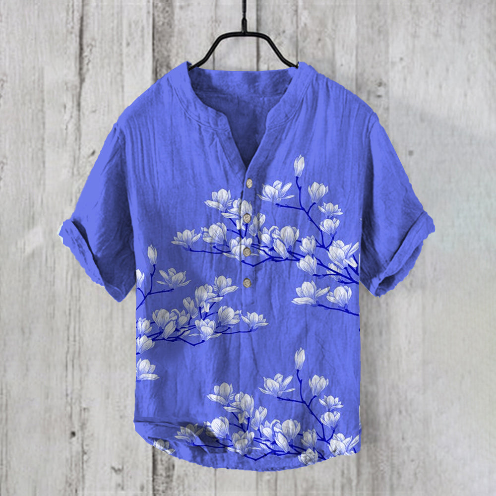 Vintage Japanese Magnolia Flower Casual Linen Blend Shirt