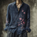 Vintage Japanese Sakura Embroidery Men's Linen Long Sleeve Shirt