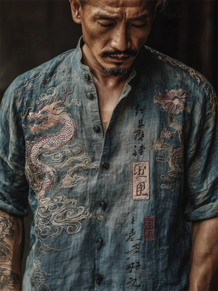 Men's Japanese Dragon Floral Calligraphy Linen Shirt