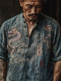 Men's Japanese Dragon Floral Calligraphy Linen Shirt