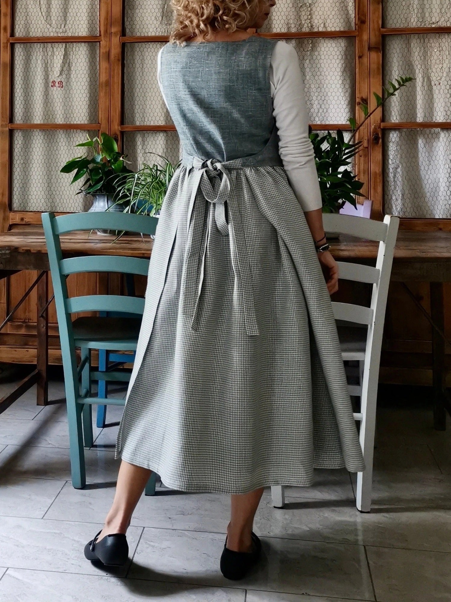 Grey Gingham Linen Apron