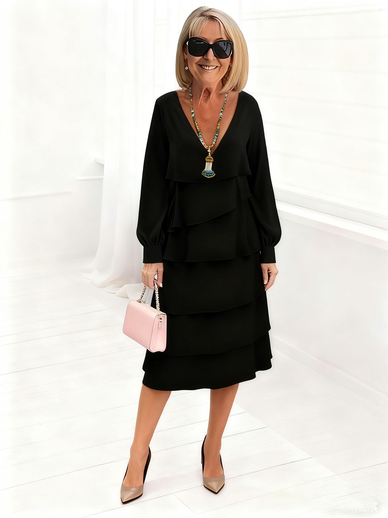 Deep V-Neck Long-sleeved Fashion Cake Skirt Women's Temperament Loose and Thin Round Neck Dress Women