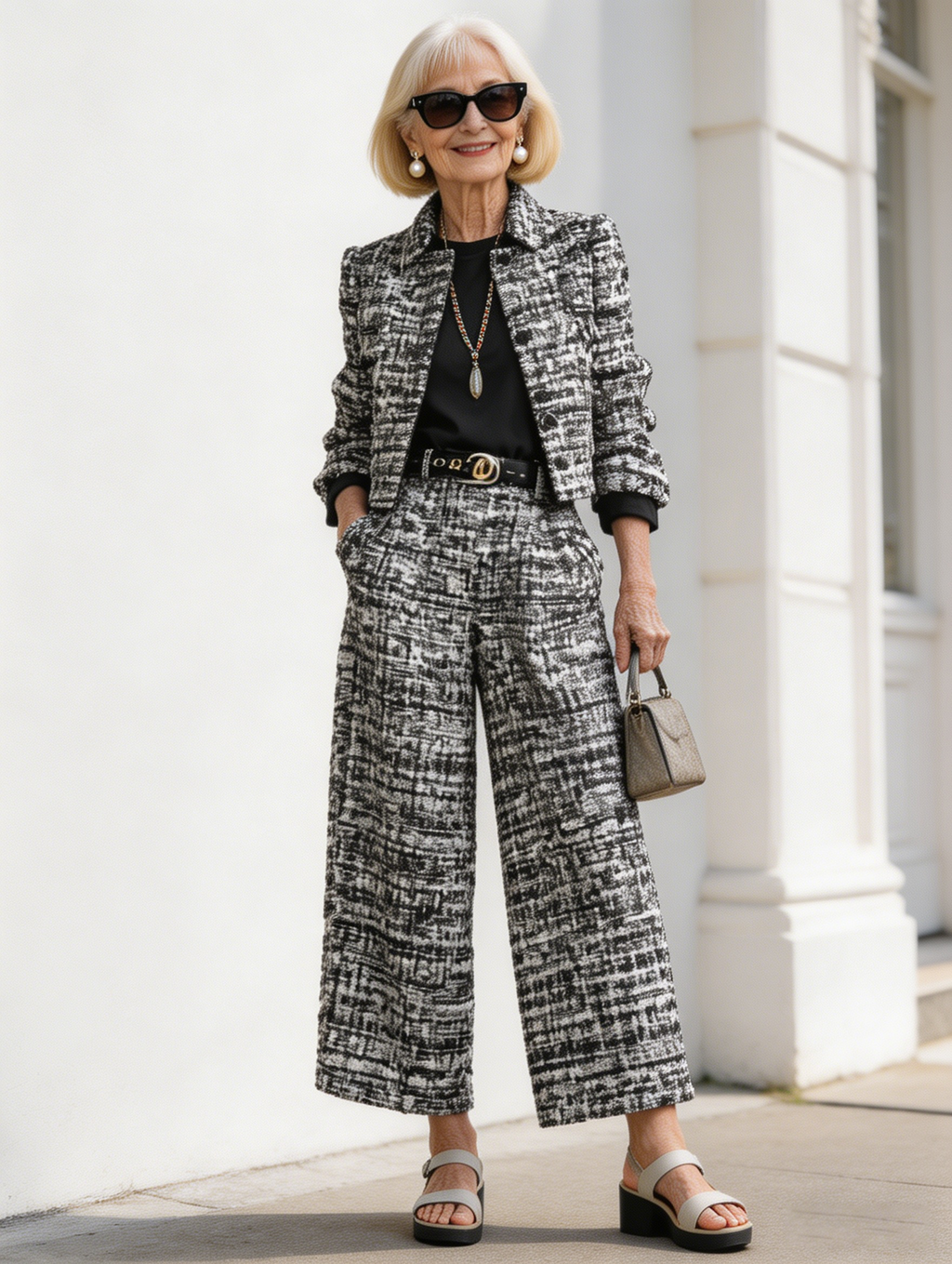 2Pcs Lapel Slim Women's Style Long-sleeved Short Jacket with Wide Leg Pants Set