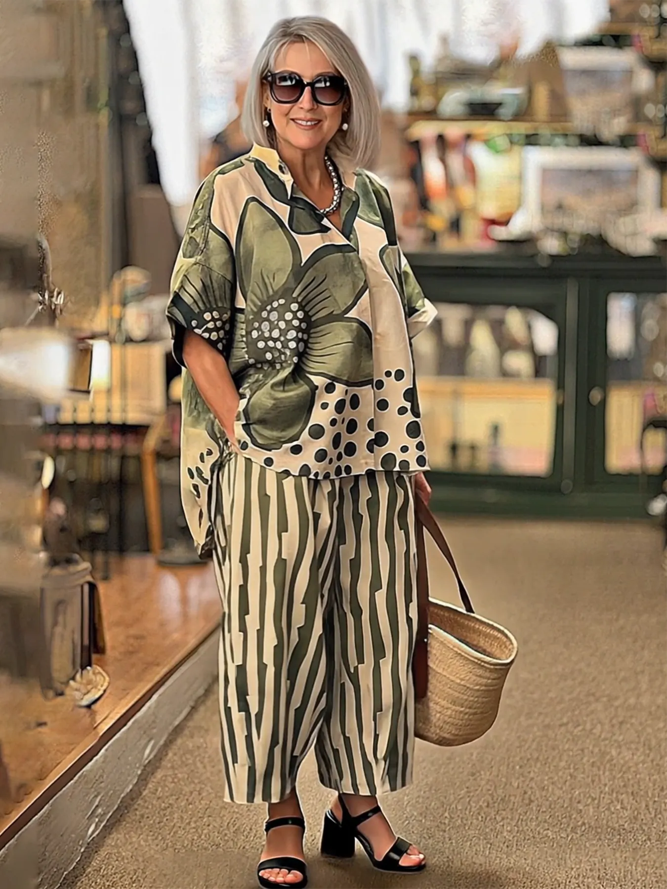 2Pcs Lapel Loose Geometric Printing Casual Set