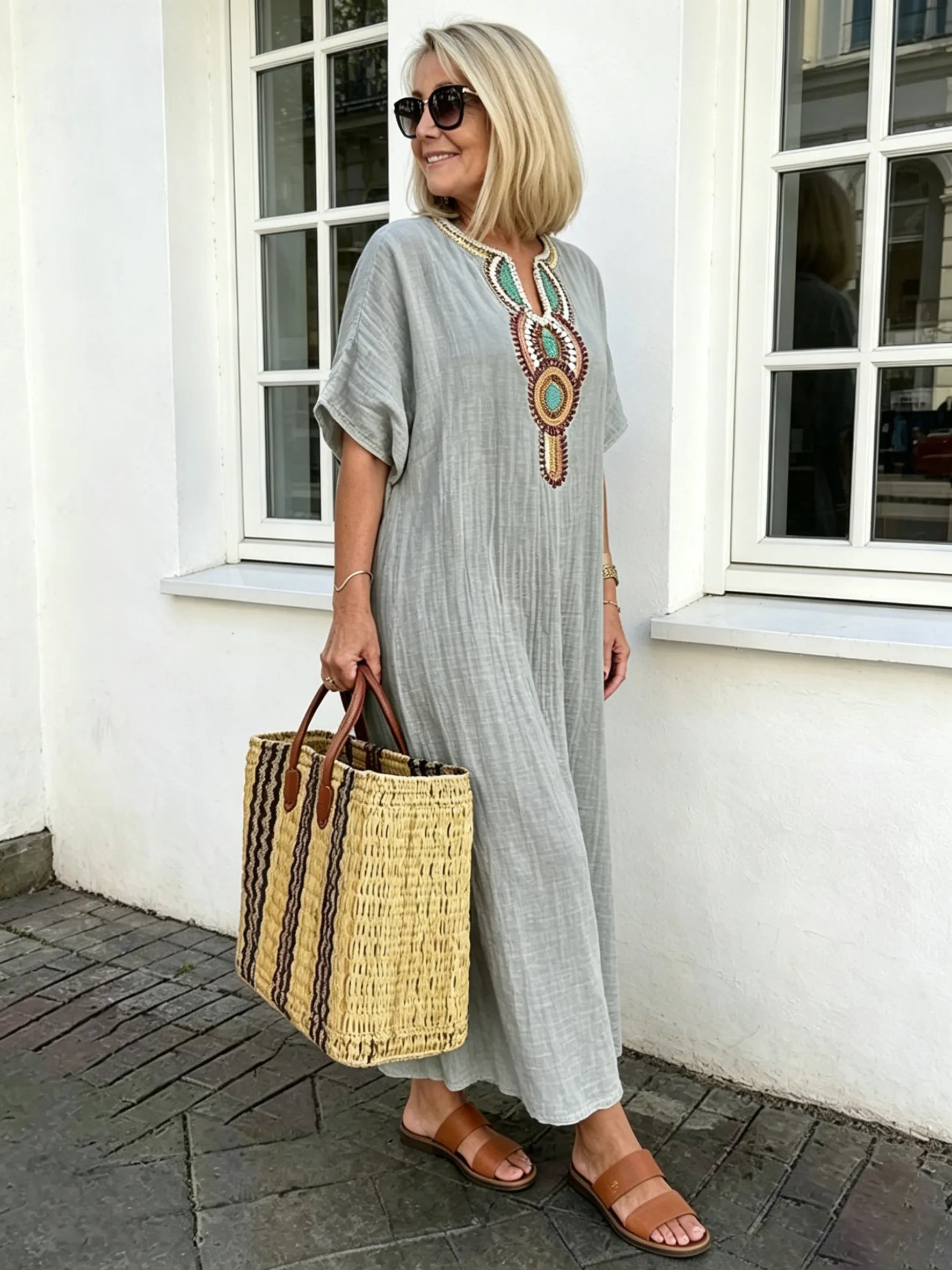 Cotton and Linen Embroidered Split Dress