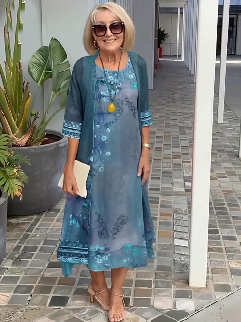 3/4 Sleeve Printing Coat & Dress Two-Piece Suit