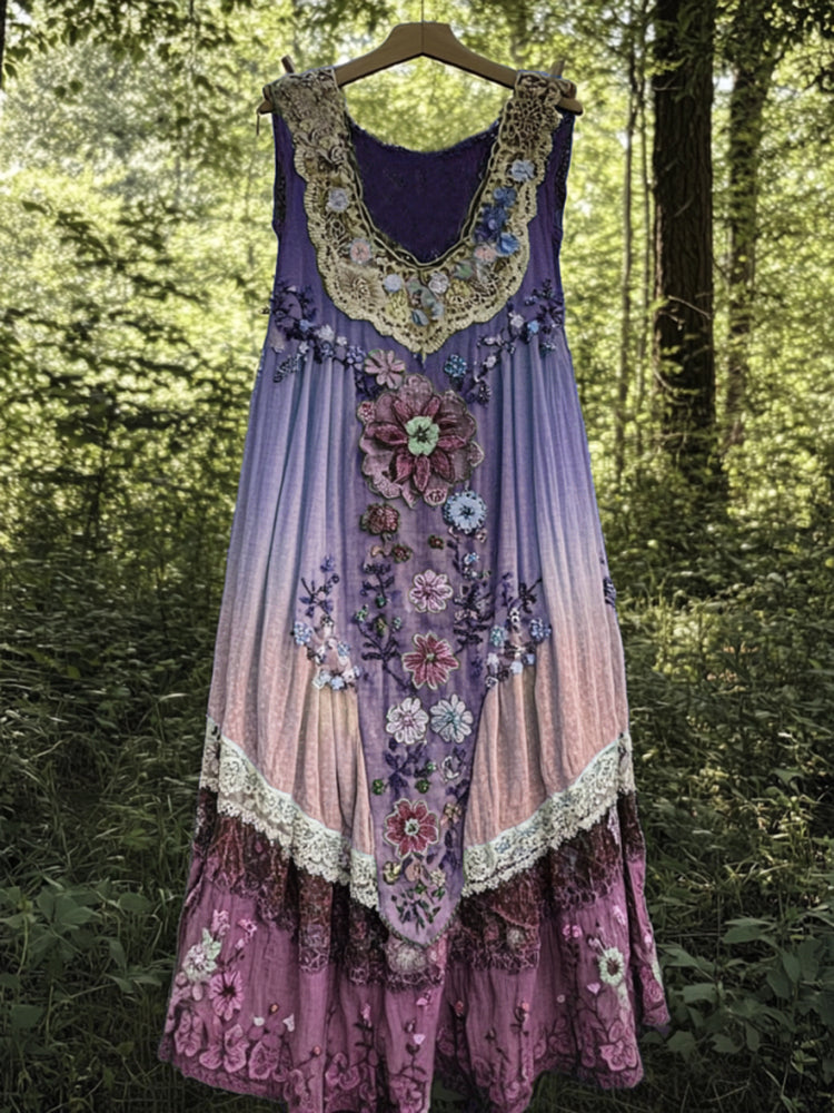 Vintage Boho Lavender Art Linen Patchwork Art Linen Tank Dress