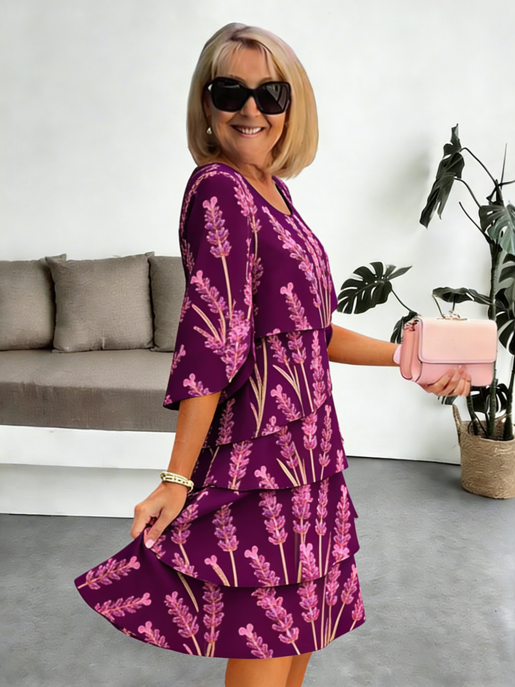 Lavender Chiffon Vacation Prints Color Round Neck Cake Skirt Splicing Dress Mid-length